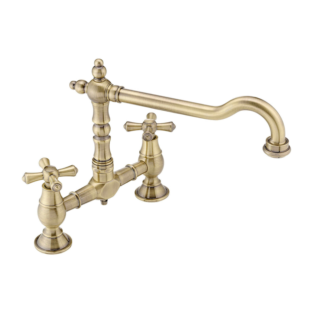 Langley traditional bridge kitchen sink mixer tap colonial crosshead - antique brass