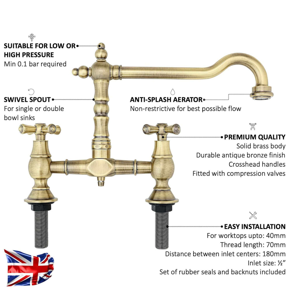 Langley traditional bridge kitchen sink mixer tap colonial crosshead - antique brass