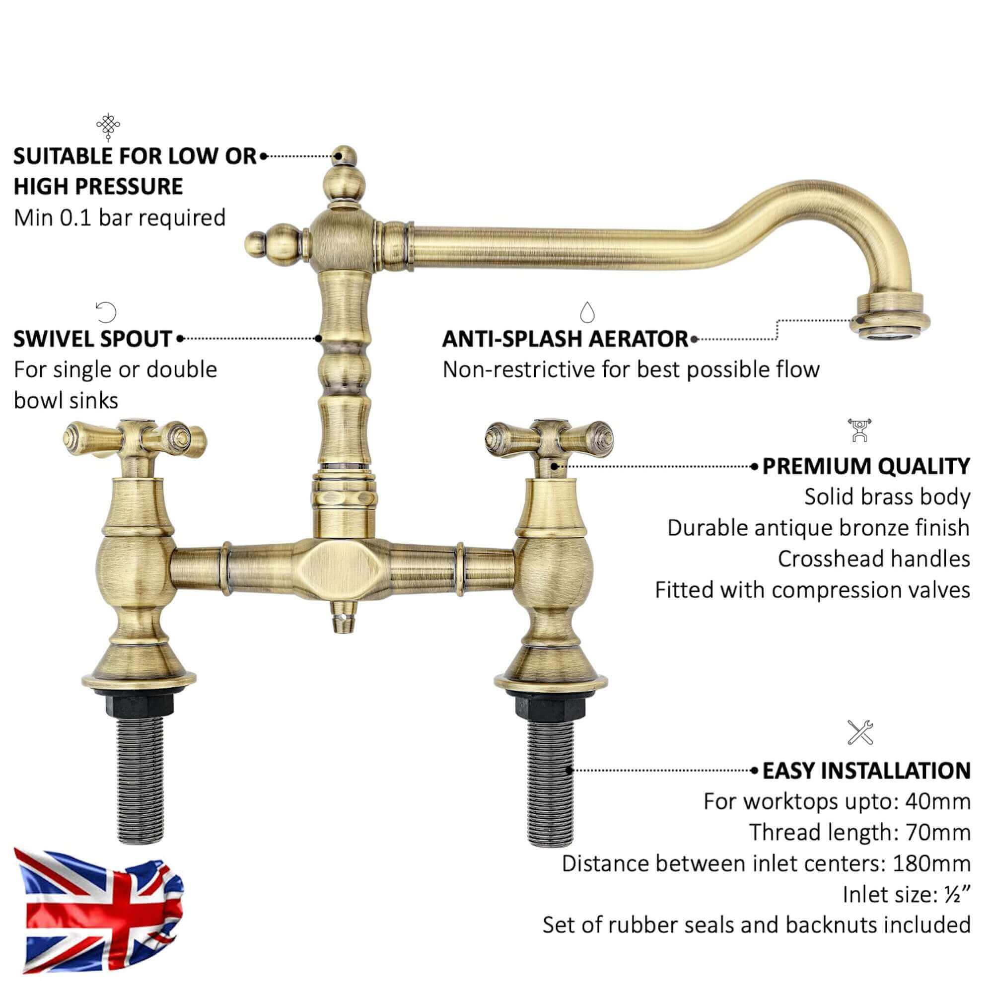 Langley traditional bridge kitchen sink mixer tap colonial crosshead - antique brass