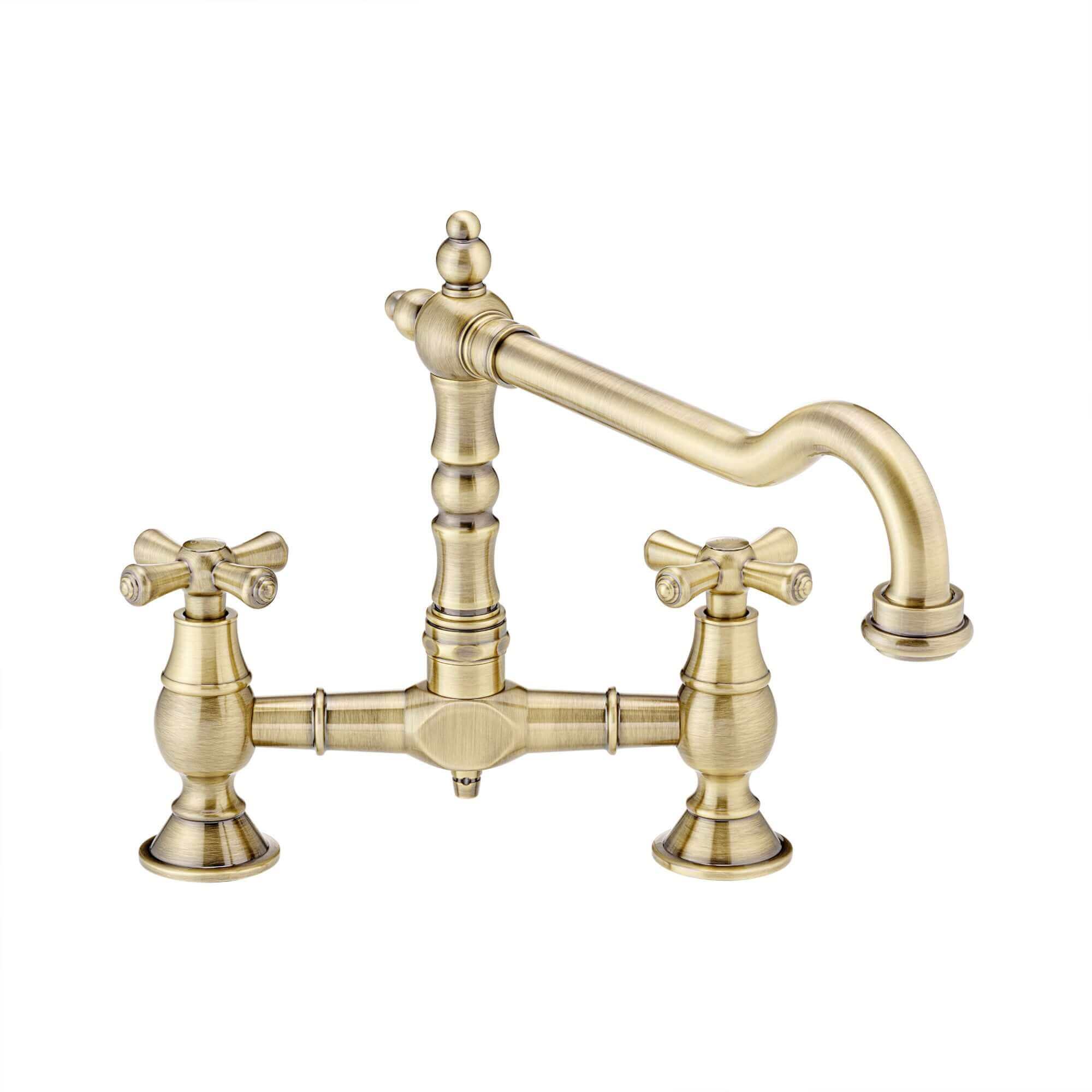 Langley traditional bridge kitchen sink mixer tap colonial crosshead - antique brass
