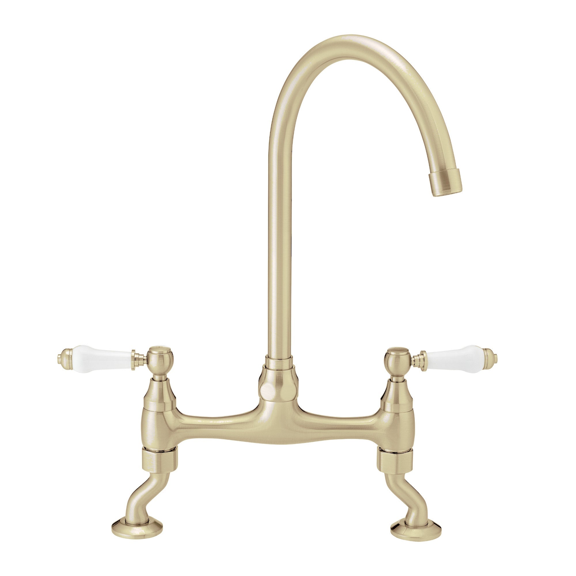 Astbury traditional bridge kitchen mixer tap with white ceramic levers deck mounted - brushed brass