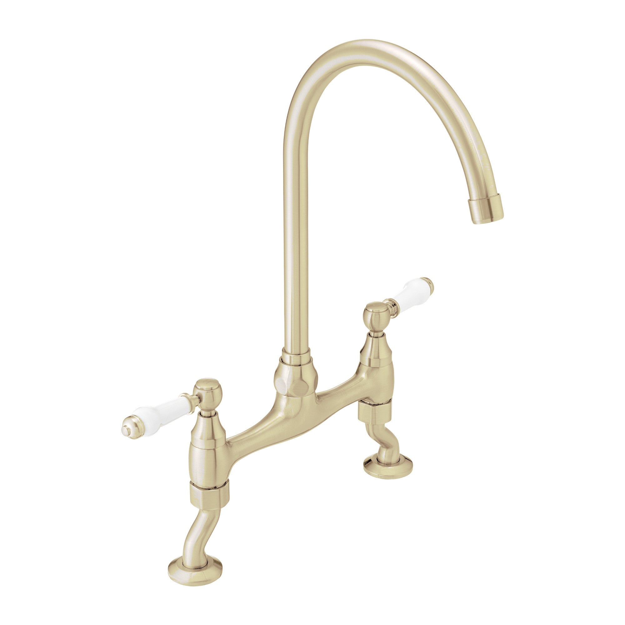 Astbury traditional bridge kitchen mixer tap with white ceramic levers deck mounted - brushed brass