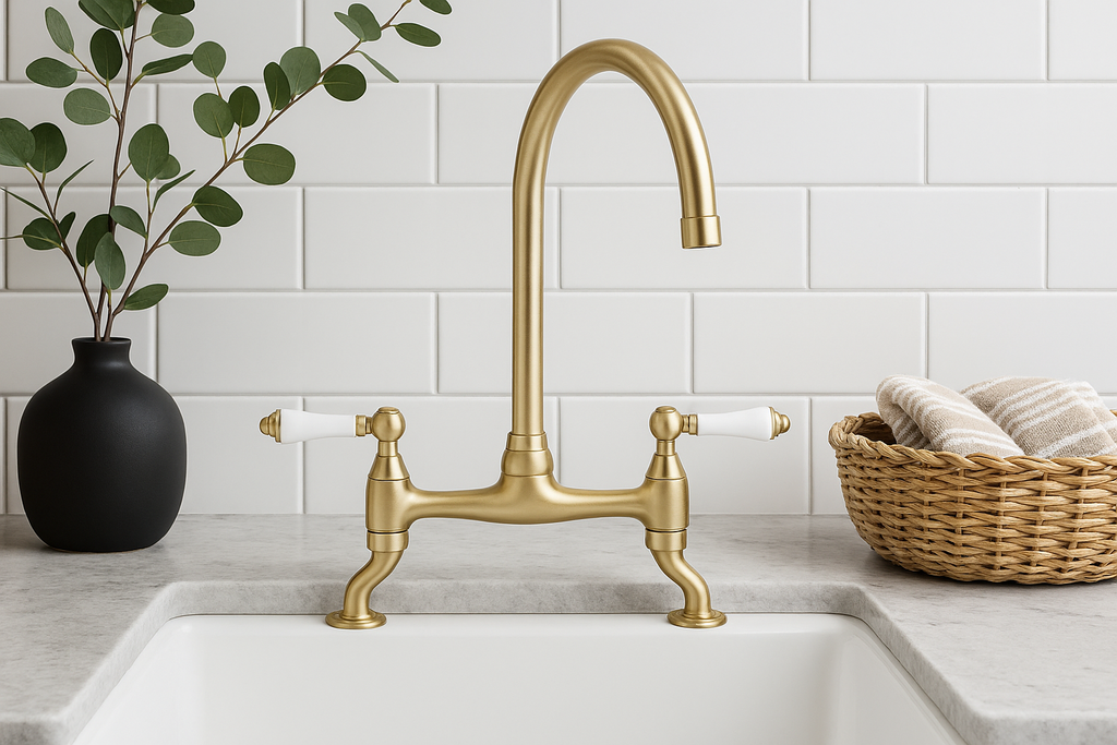 Astbury traditional bridge kitchen mixer tap with white ceramic levers deck mounted - brushed brass