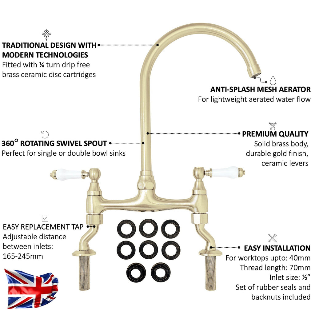 Astbury traditional bridge kitchen mixer tap with white ceramic levers deck mounted - brushed brass