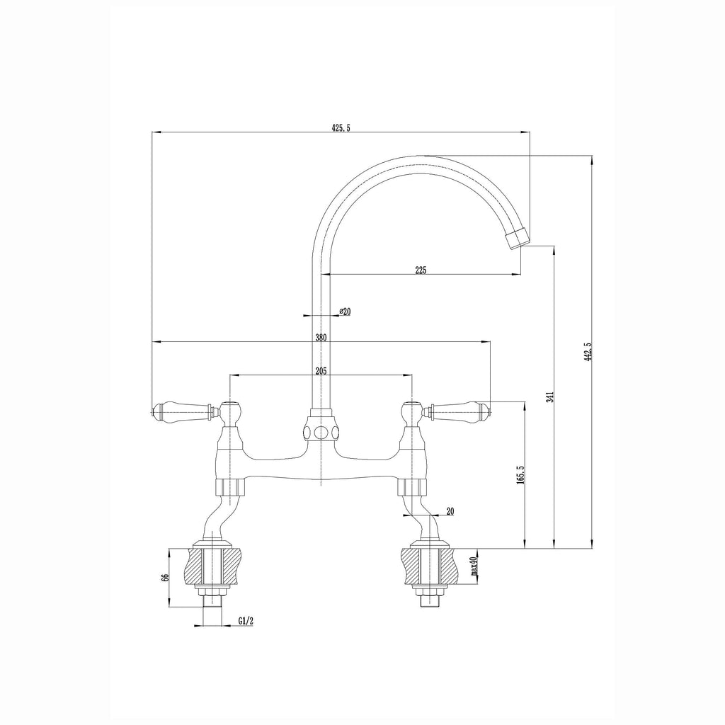 Astbury traditional bridge kitchen mixer tap with white ceramic levers deck mounted - brushed brass