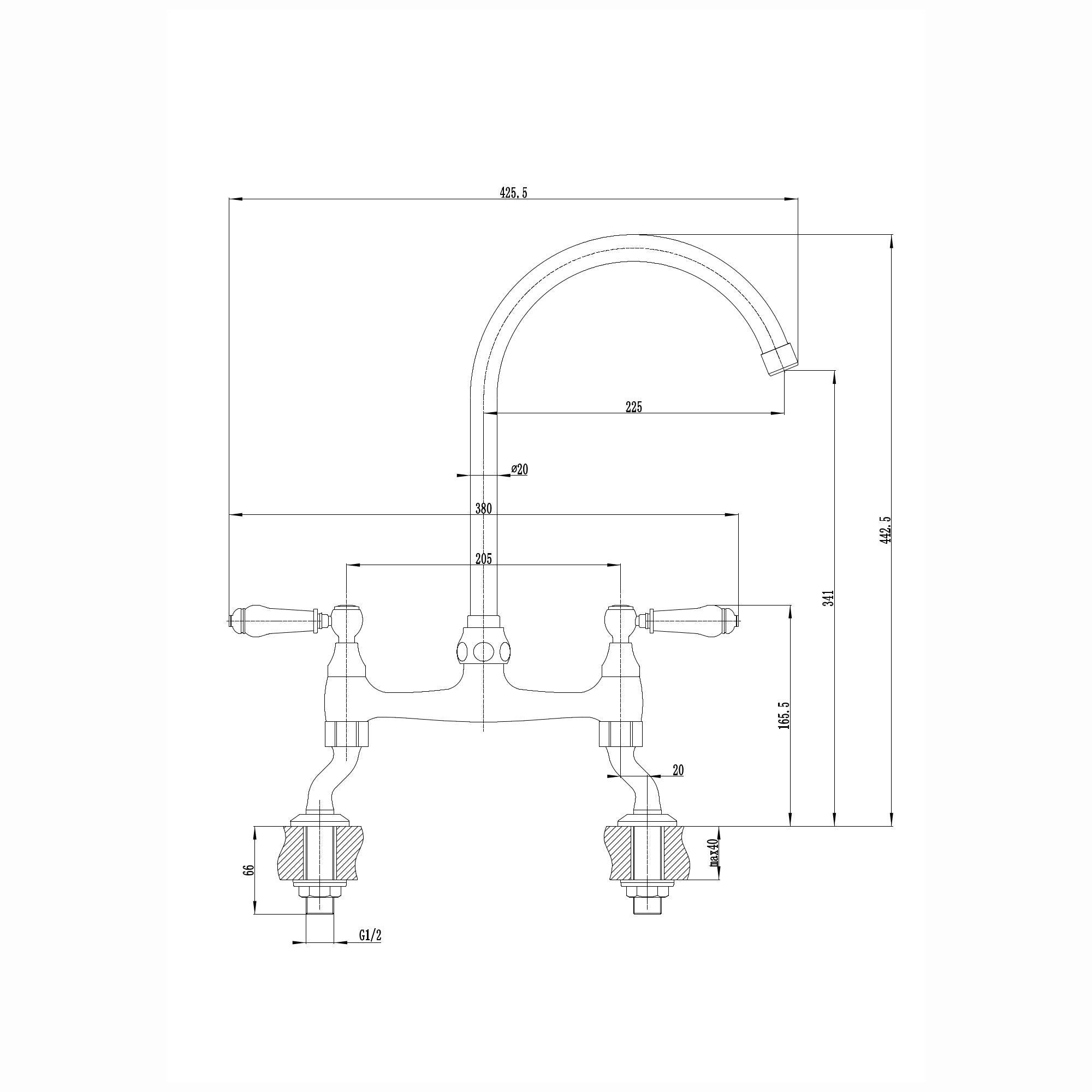 Astbury traditional bridge kitchen mixer tap with white ceramic levers deck mounted - brushed brass