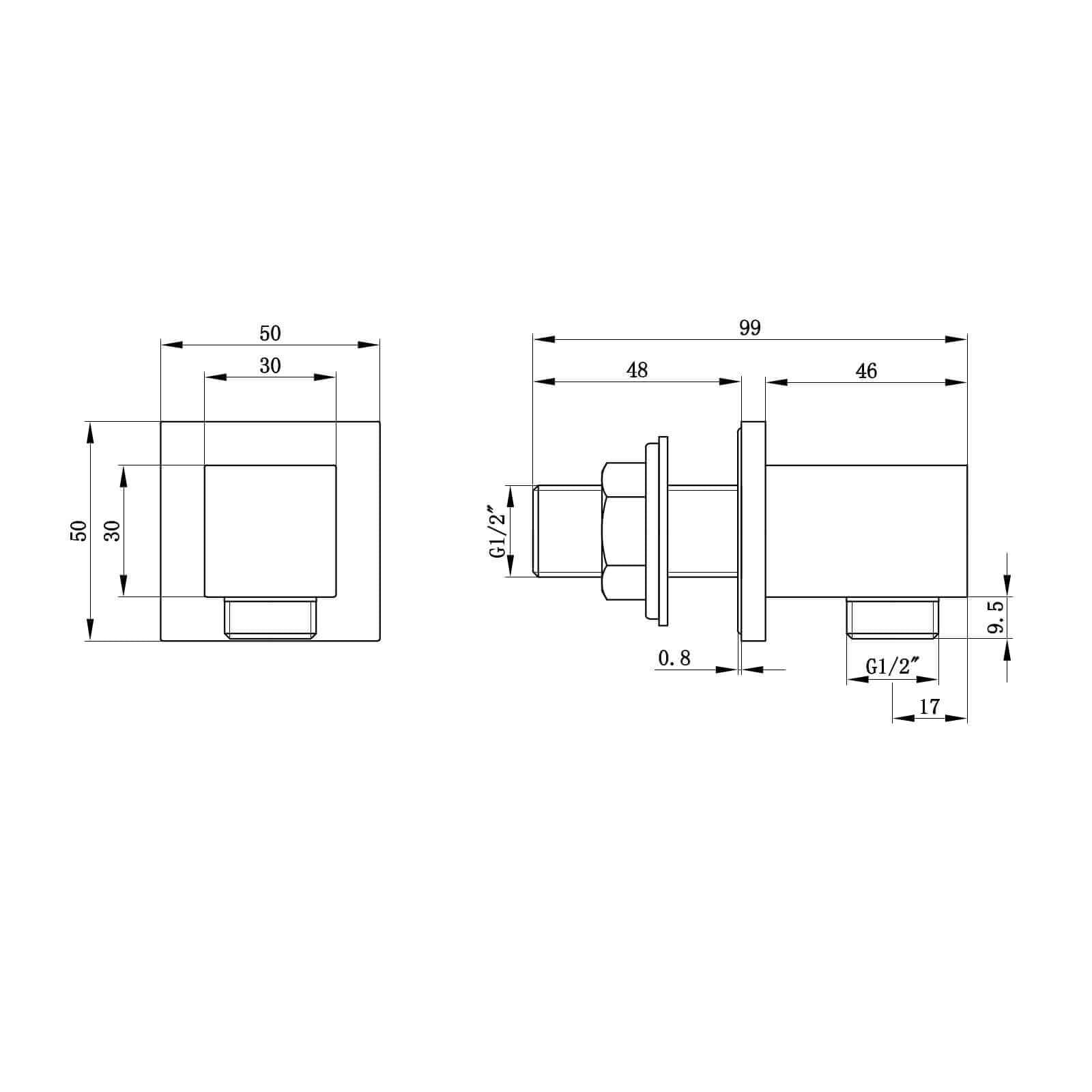 Square shower outlet elbow solid brass - chrome