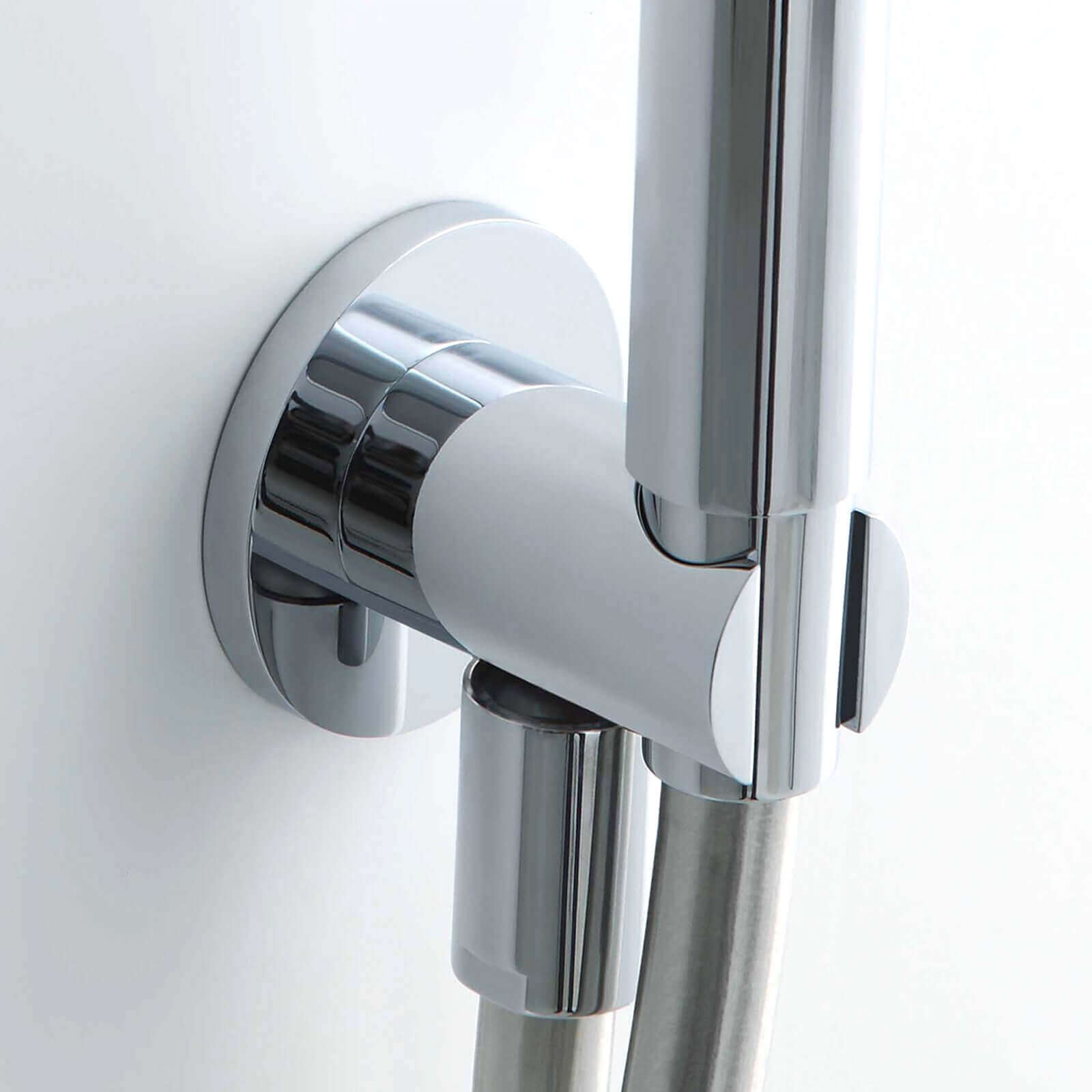 Round shower outlet elbow with holder for handheld shower head - chrome