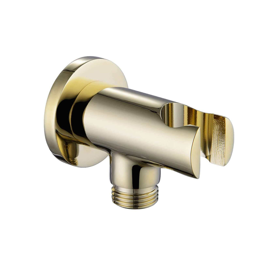Round shower outlet elbow with holder for handheld shower head - gold