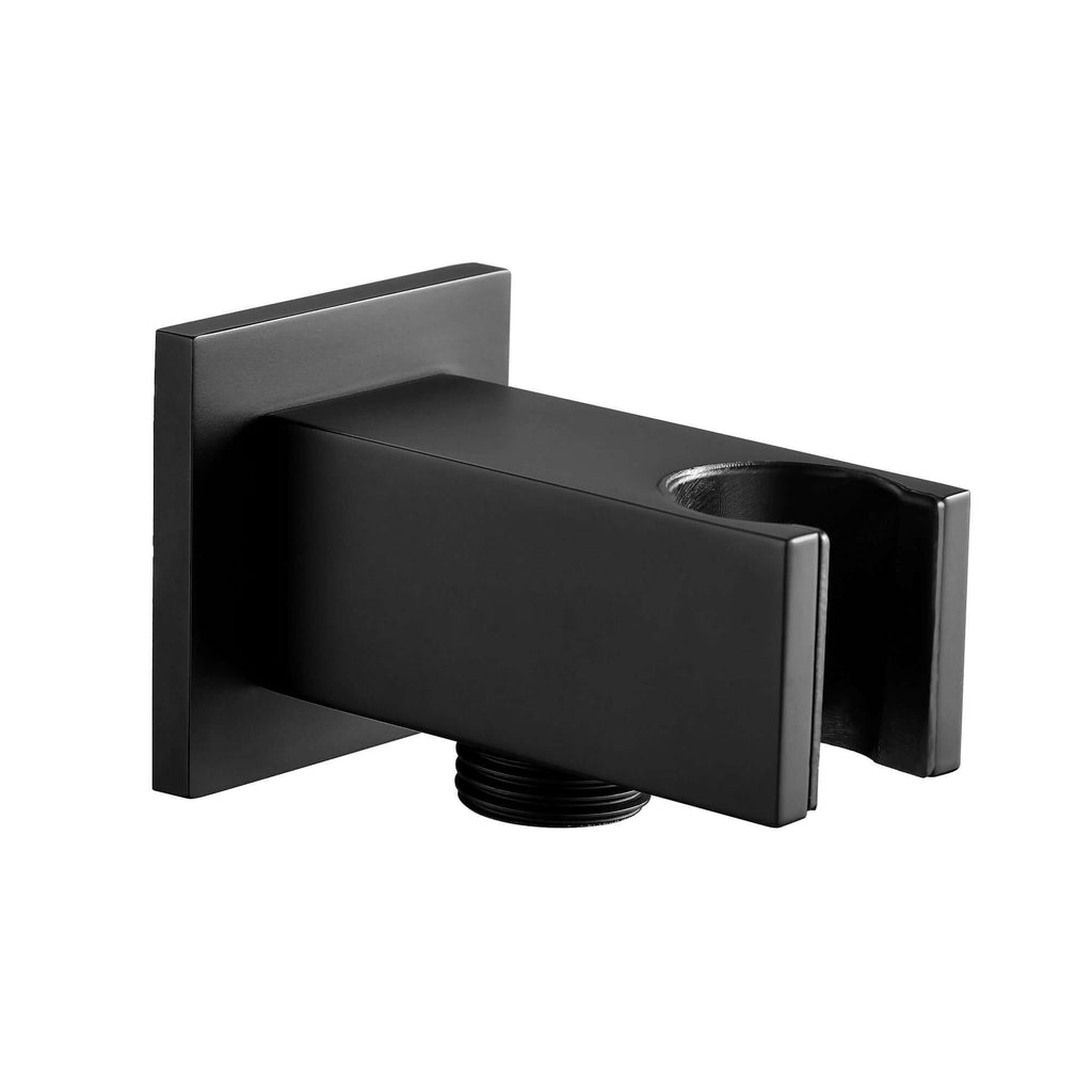 Square shower outlet elbow with holder for handheld shower head - black