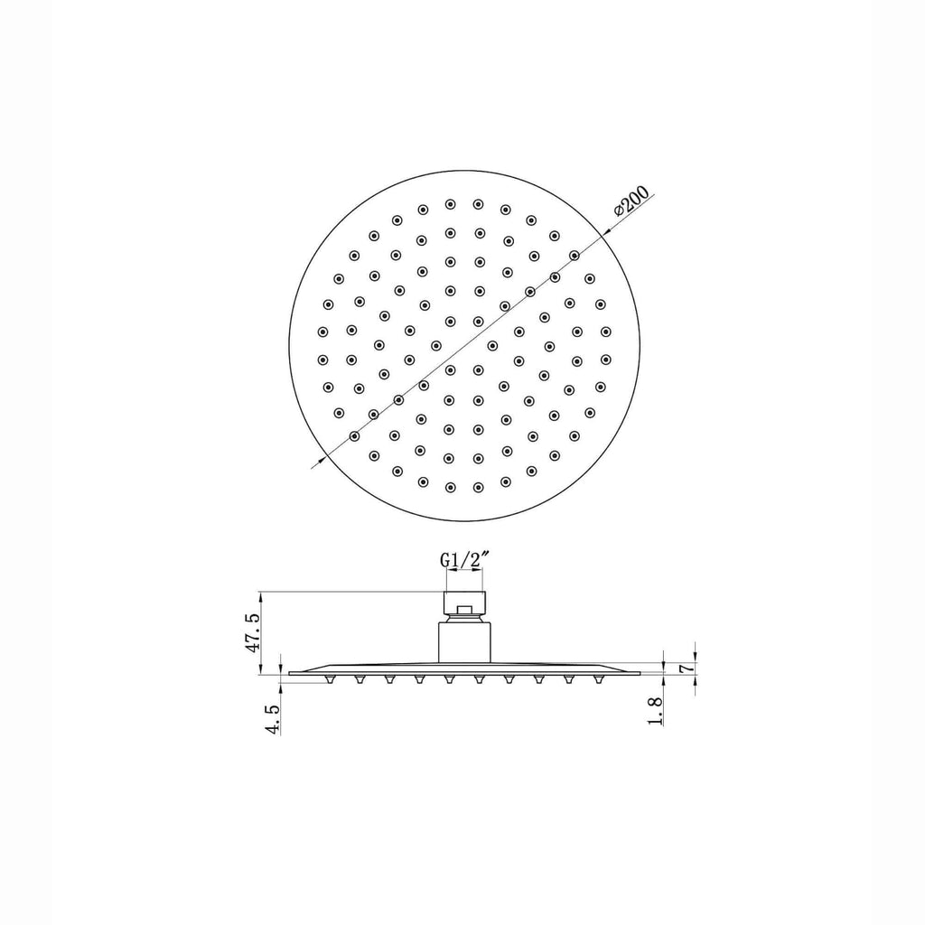 Round ultra slim shower head stainless steel 200mm - matt black