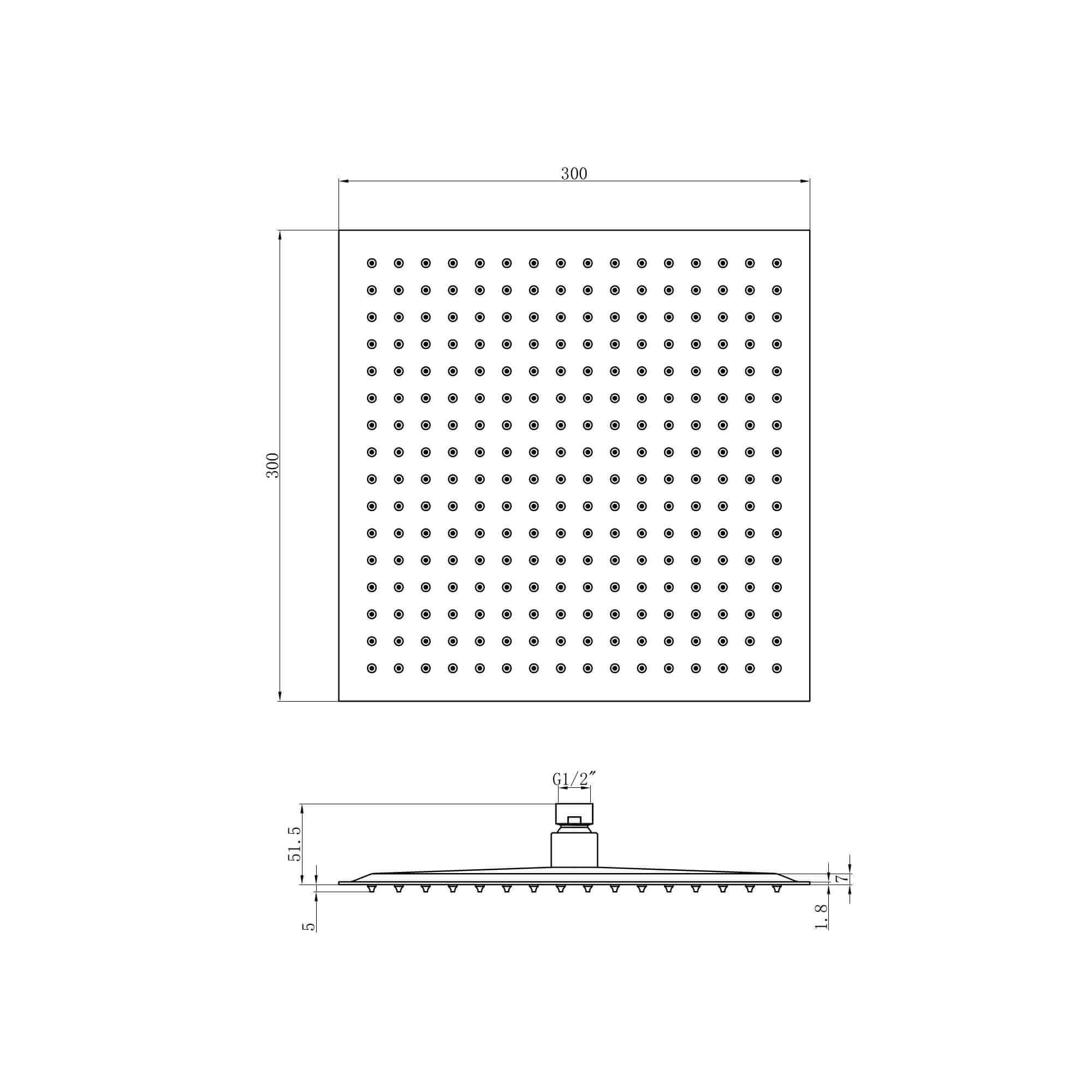 Square ultra slim shower head stainless steel 300mm - chrome