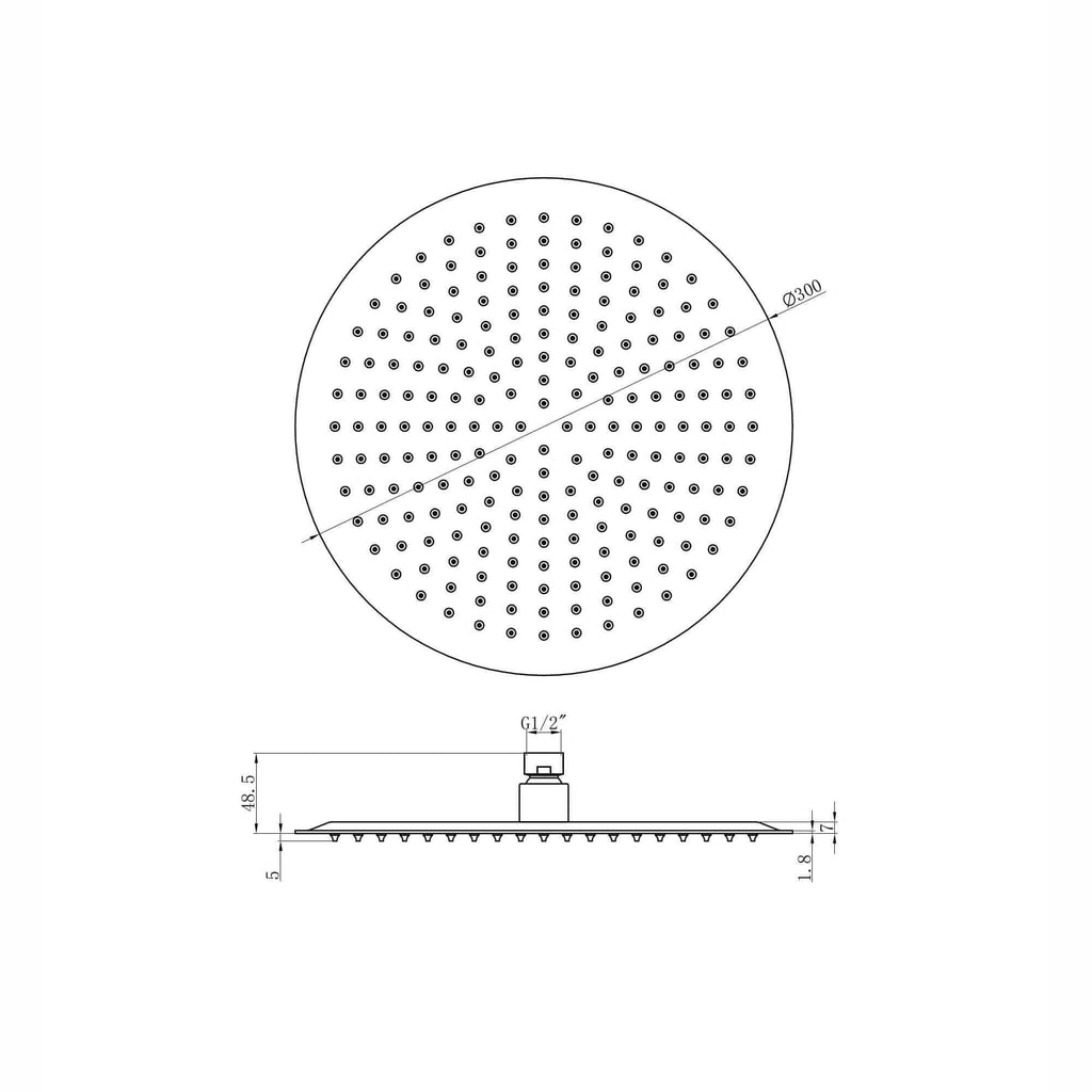 Round ultra slim shower head stainless steel 300mm - matt black