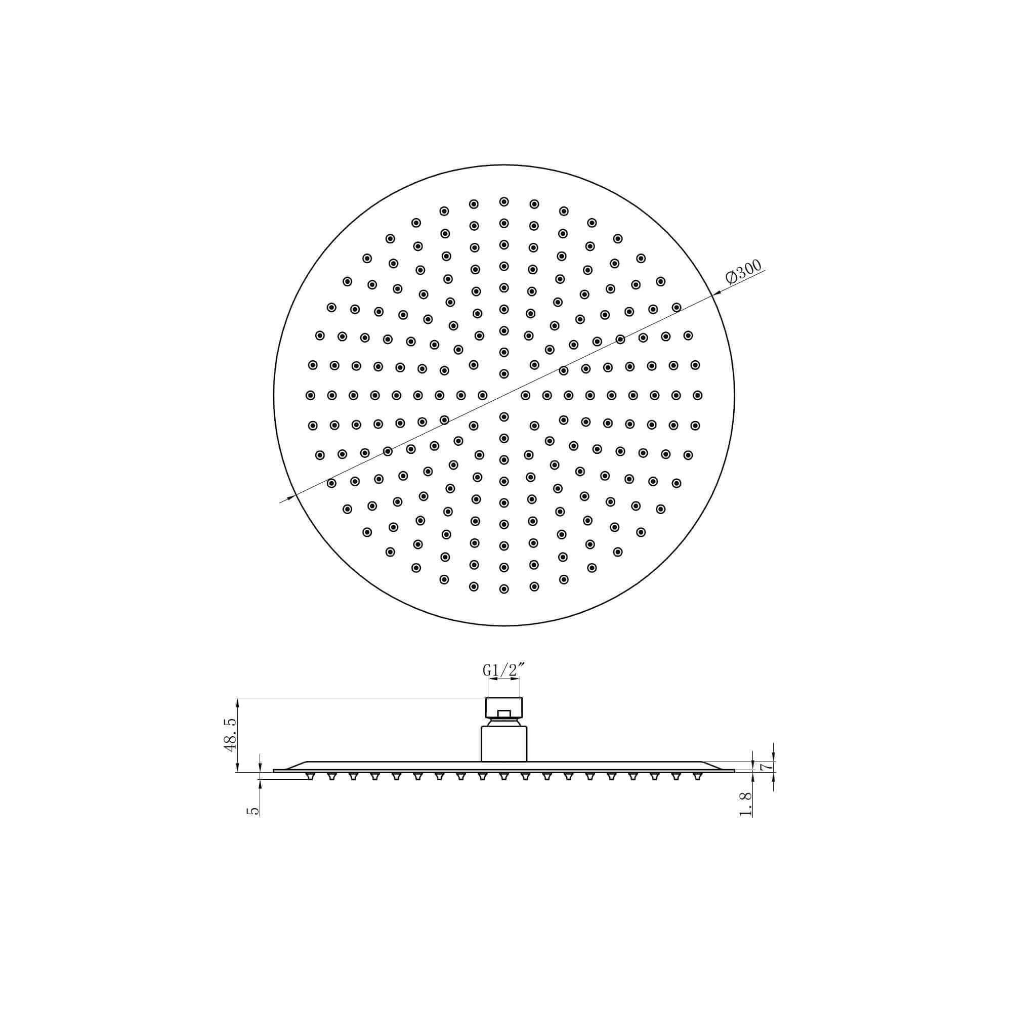 Round ultra slim shower head stainless steel 300mm - matt black