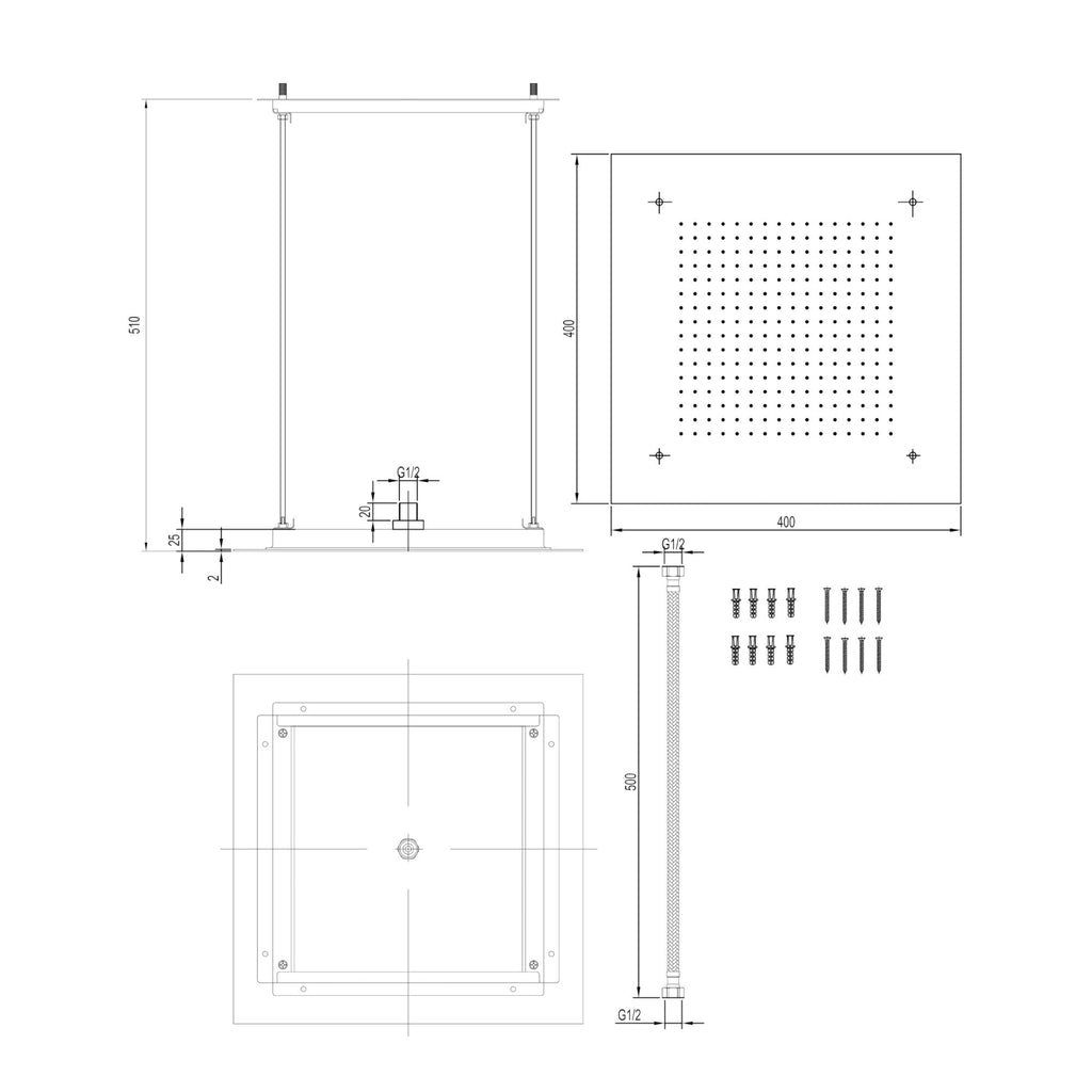 Square recessed 400mm shower head stainless steel - chrome