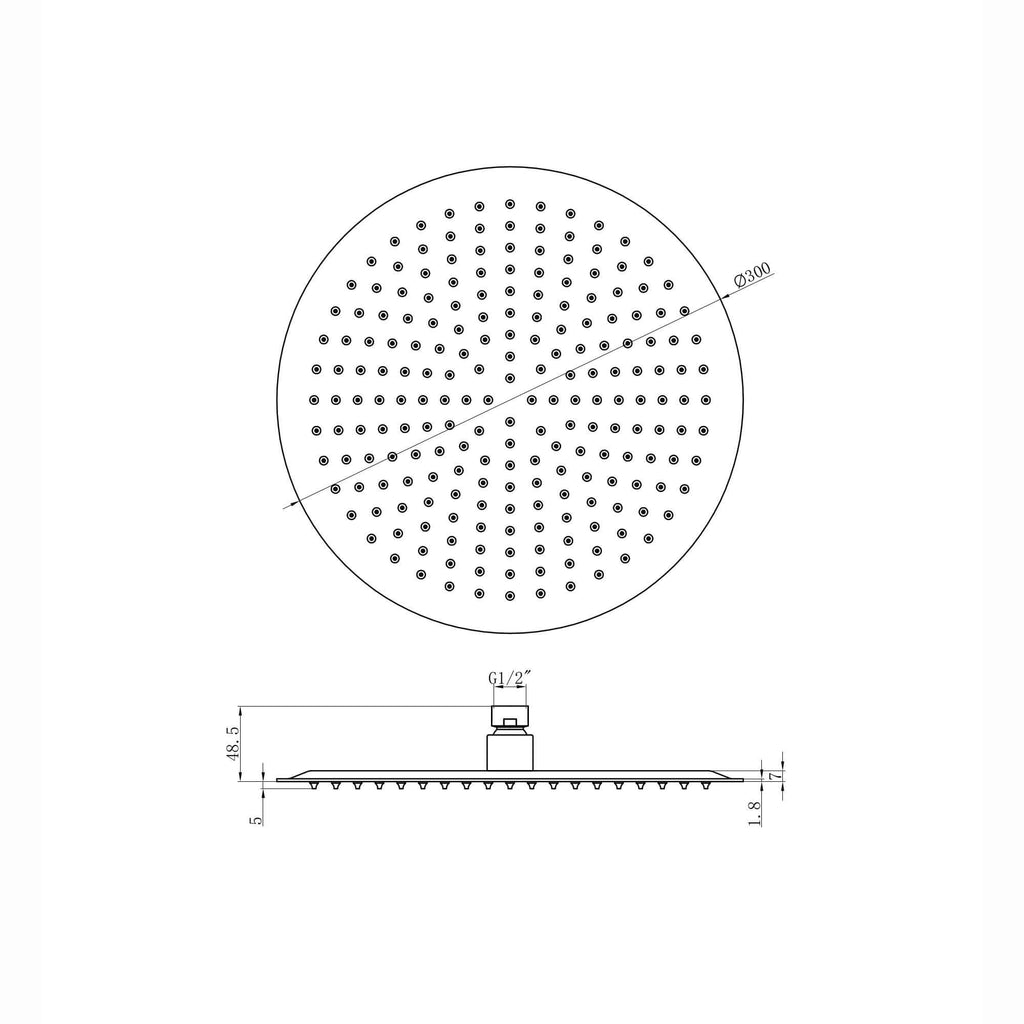 Round ultra slim shower head stainless steel 300mm - gunmetal grey