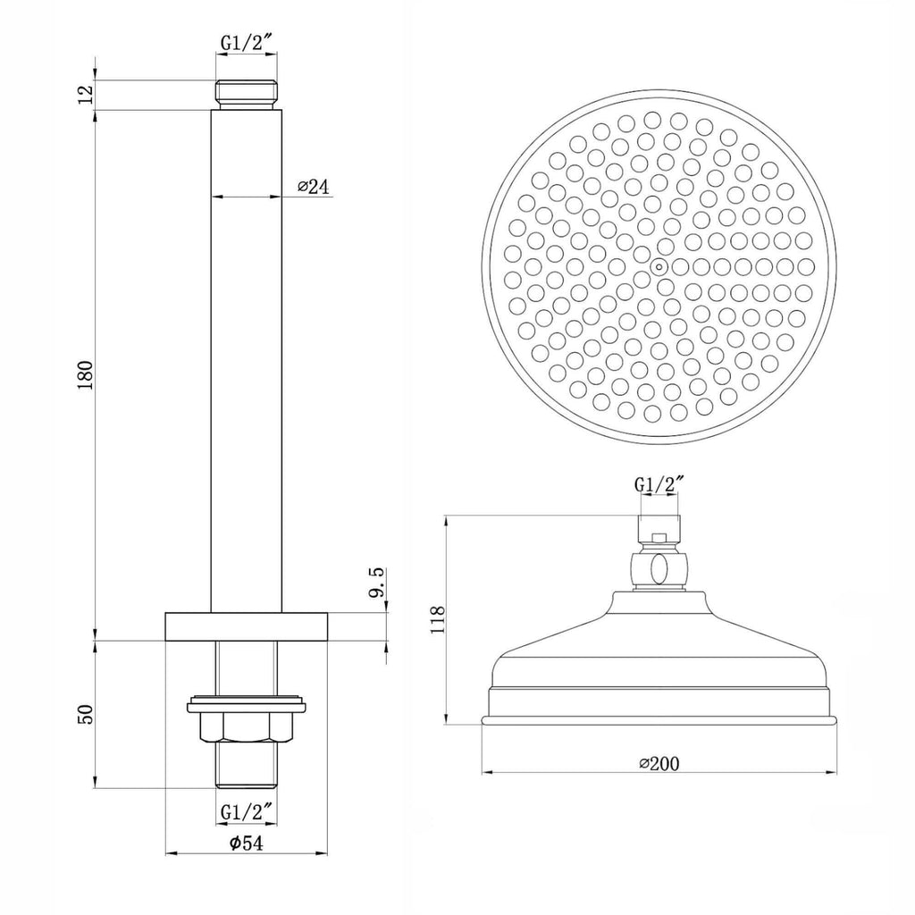 Traditional Ceiling Fixed Apron Brass Shower Head 8" With 180mm Ceiling Shower Arm - Chrome