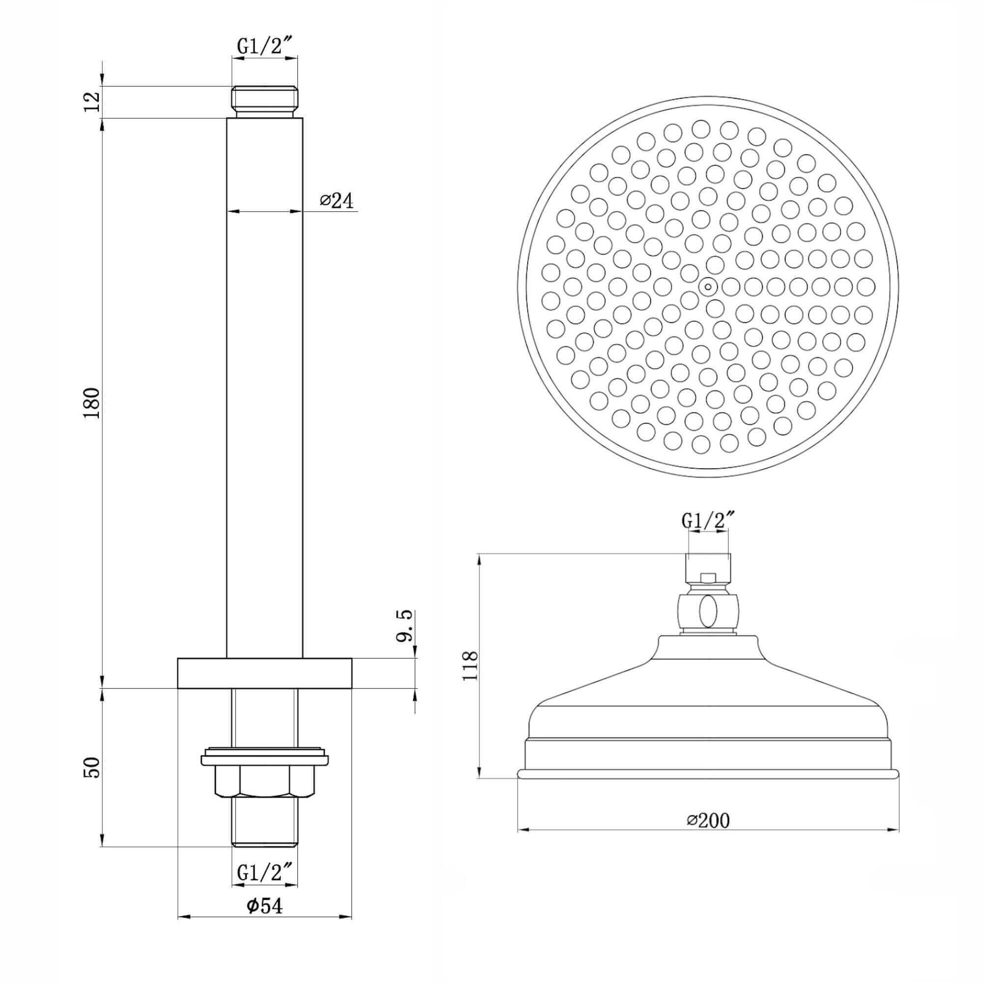 Traditional Ceiling Fixed Apron Brass Shower Head 8" With 180mm Ceiling Shower Arm - Chrome