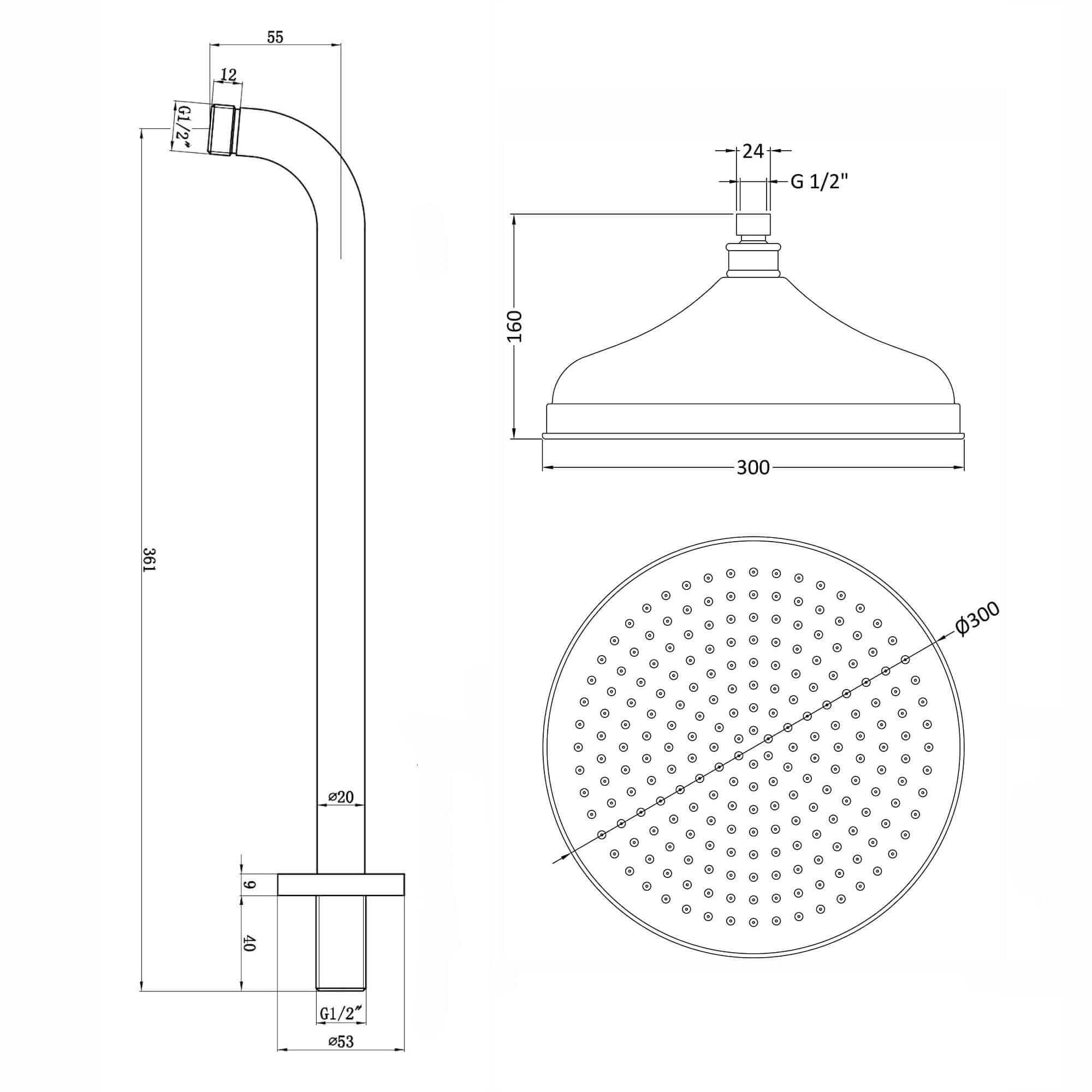 Traditional Wall Fixed Apron Brass Shower Head 12" With Shower Arm - Antique Brass