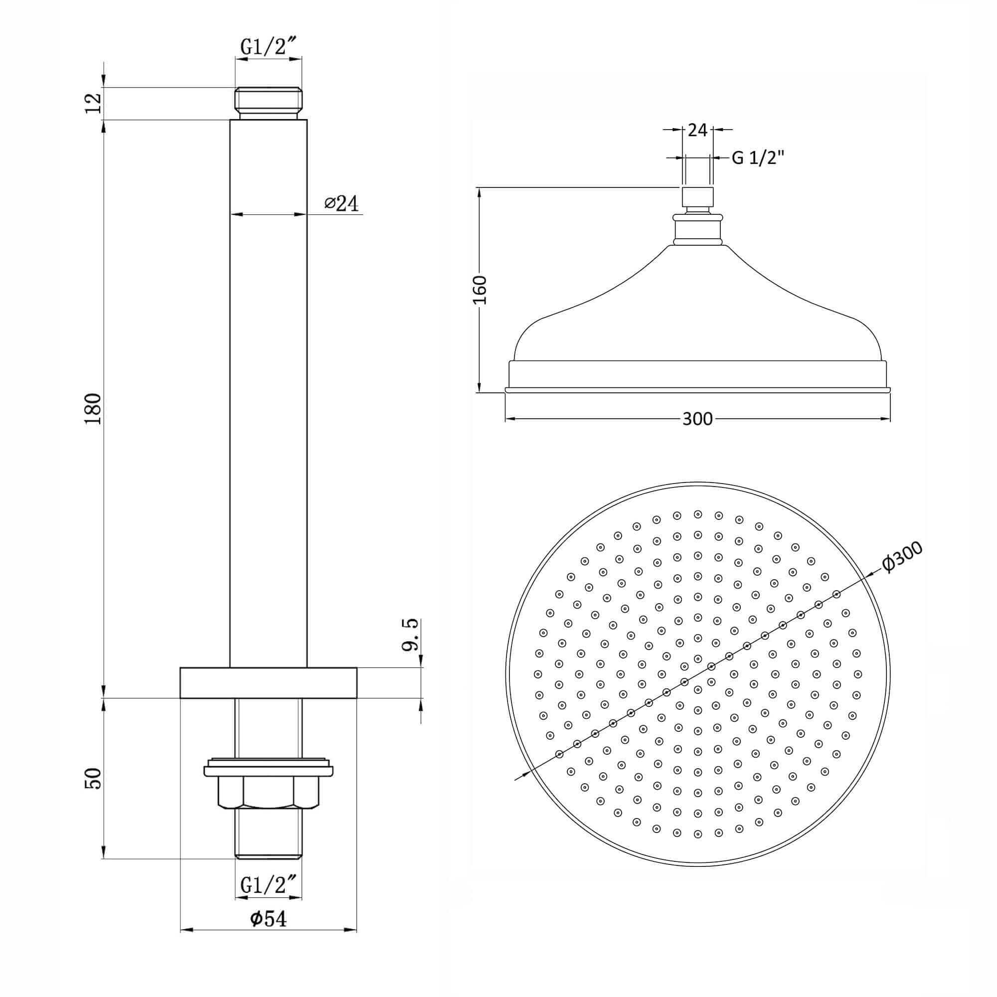 Traditional Ceiling Fixed Apron Brass Shower Head 12" With 180mm Ceiling Shower Arm - Antique Brass