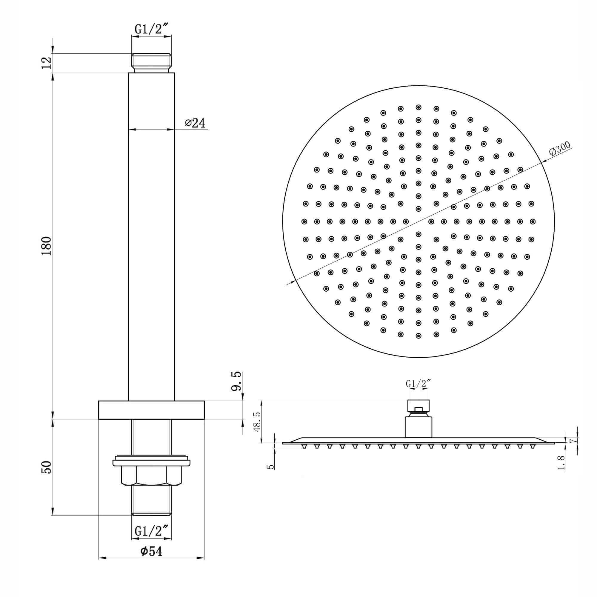 Contemporary Ceiling Fixed Round Ultra Slim Stainless Steel Shower Head 12" With 180mm Ceiling Shower Arm - Chrome
