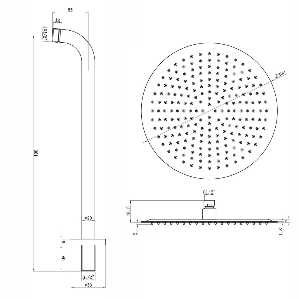 Contemporary Wall Fixed Round Ultra Slim Stainless Steel Shower Head 12" With Shower Arm - Matt Black