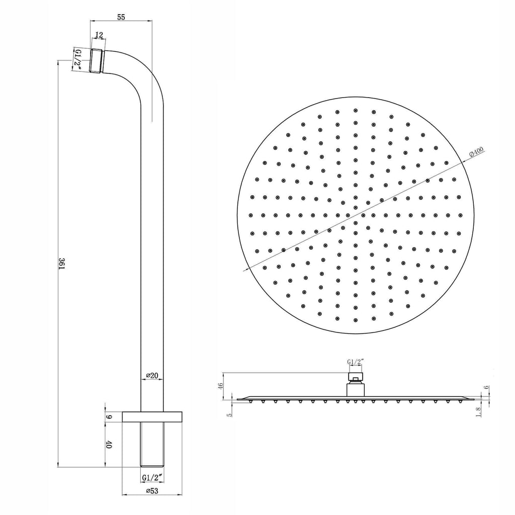 Contemporary Wall Fixed Round Ultra Slim Stainless Steel Shower Head 16" With Shower Arm - Matt Black