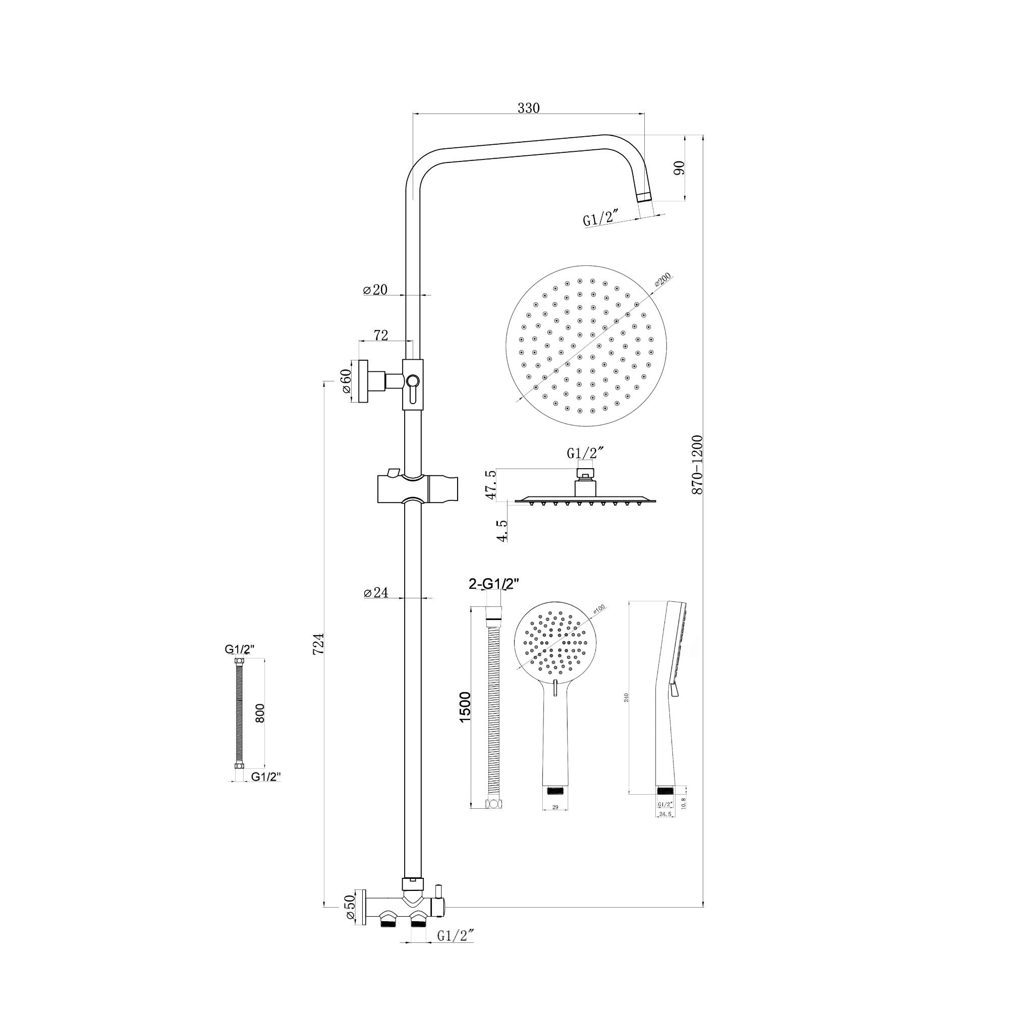 Dune round dual shower riser rail kit for exposed installation - chrome