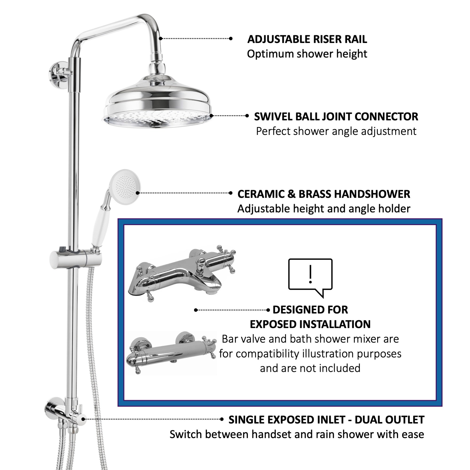 Dune traditional dual shower riser rail kit for exposed installation - chrome
