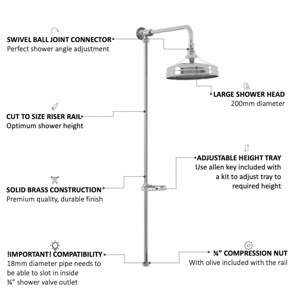Downton traditional shower riser rail kit with soap dish watercan head 200mm - chrome