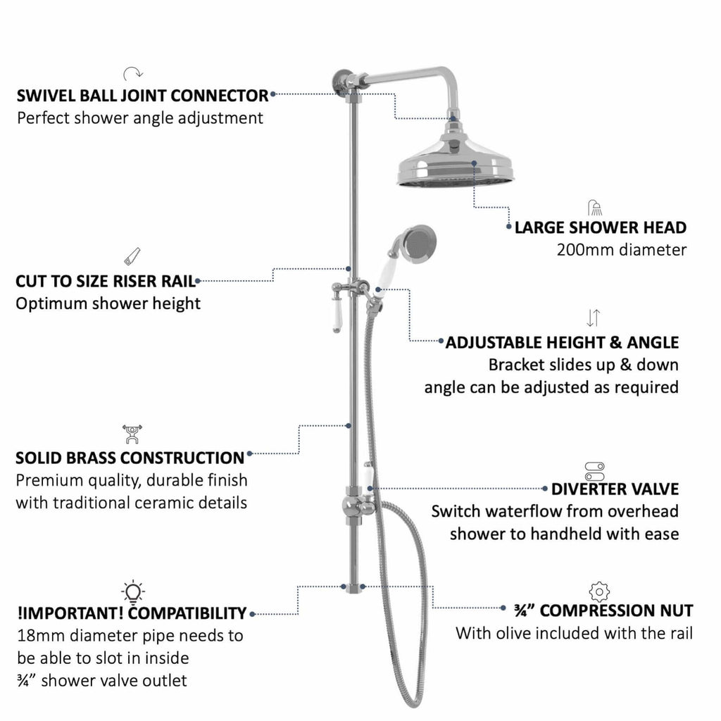 Downton traditional shower riser rail kit 2 outlet watercan head 200mm - chrome