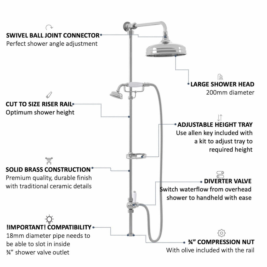 Downton traditional shower riser rail kit 2 outlet soap dish watercan head 200mm - chrome