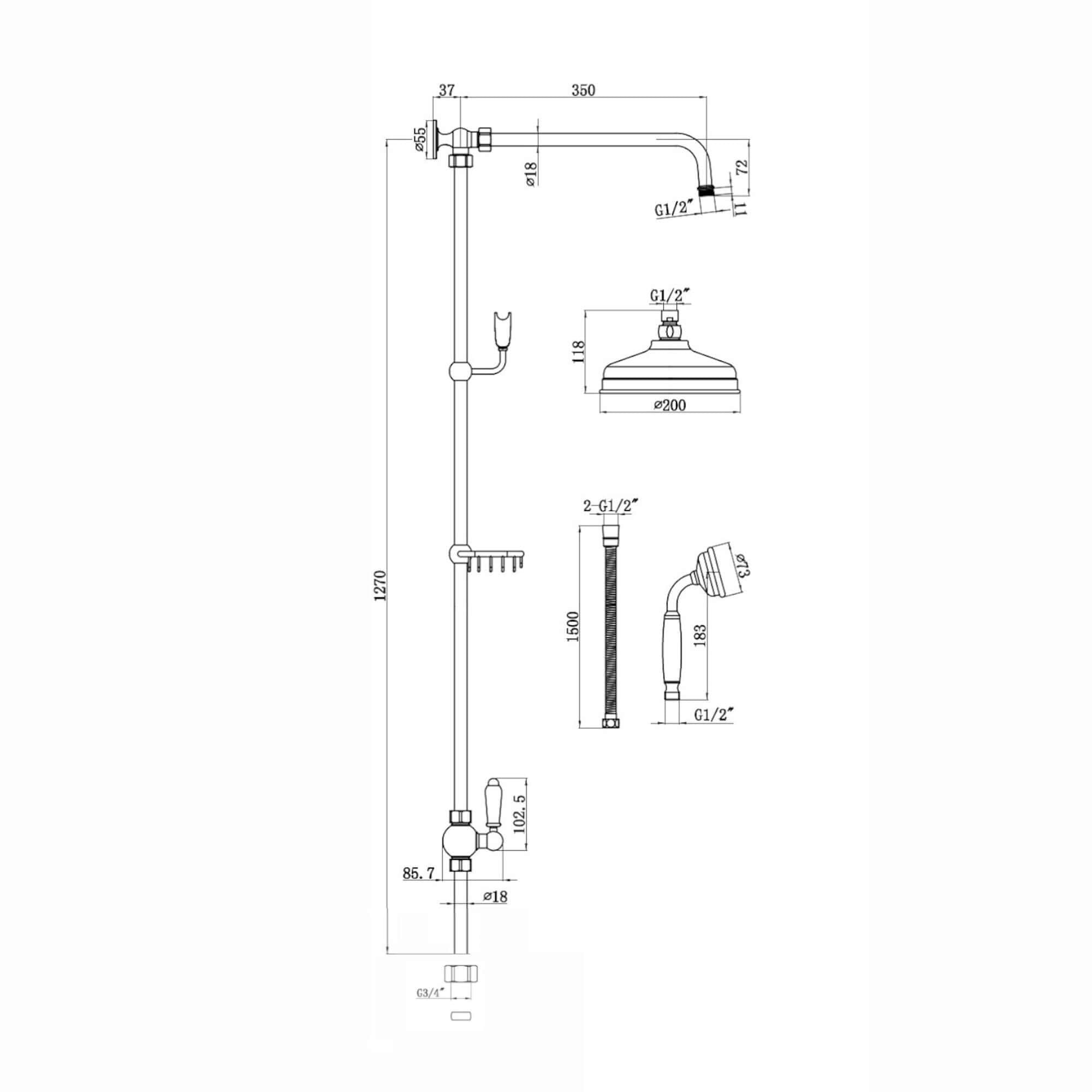 Downton traditional shower riser rail kit 2 outlet soap dish watercan head 200mm - chrome