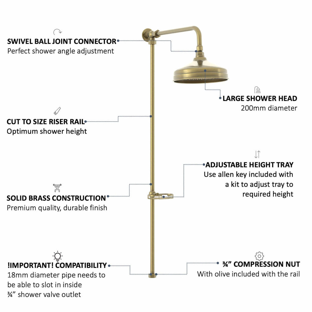 Downton traditional shower riser rail kit with soap dish watercan head 200mm - antique brass
