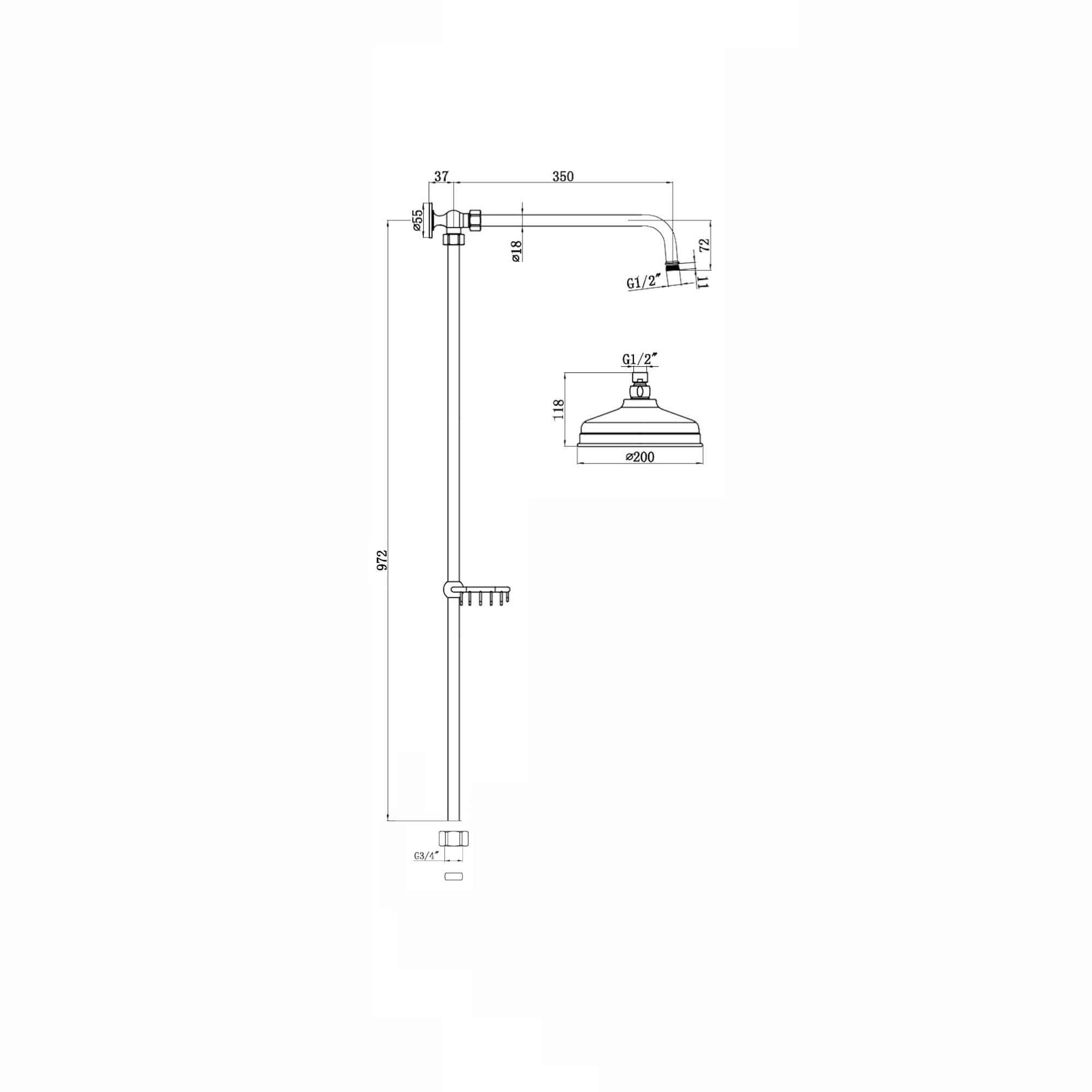 Downton traditional shower riser rail kit with soap dish watercan head 200mm - antique brass