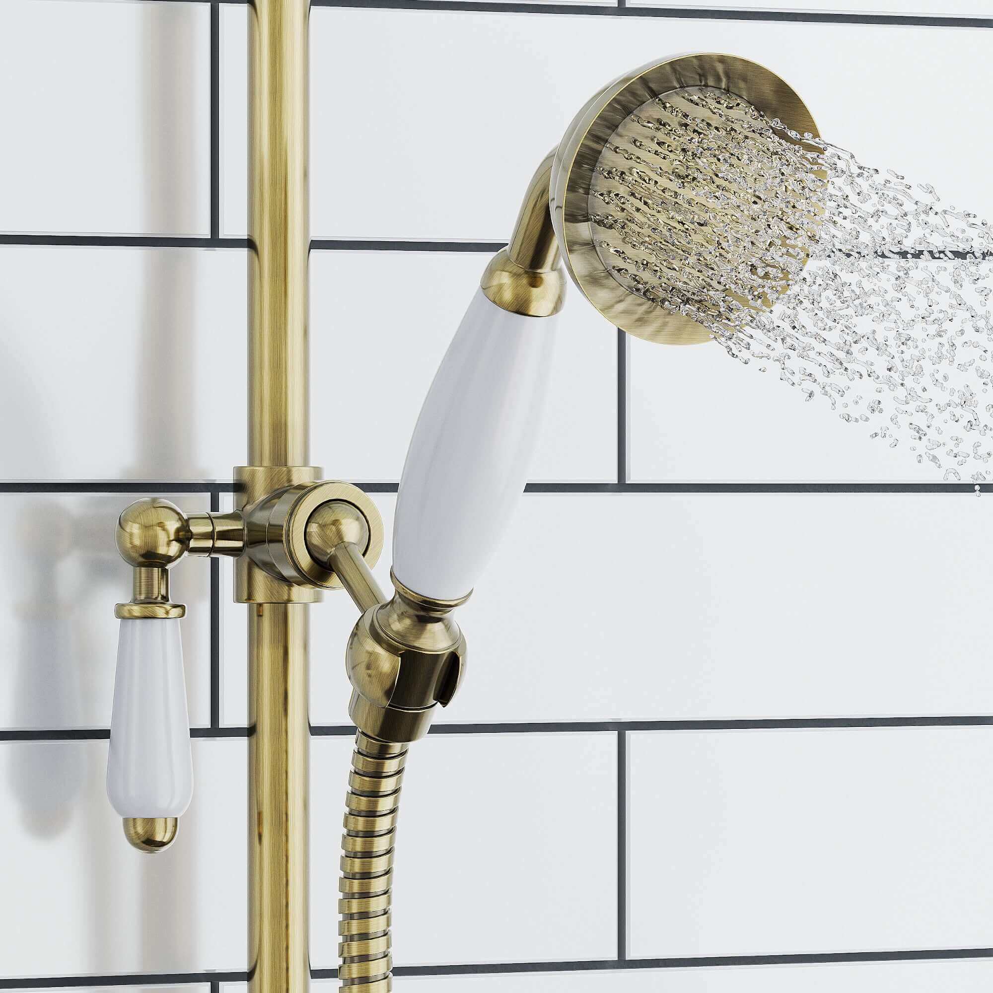 Downton traditional shower riser rail kit 2 outlet watercan head 200mm - antique brass