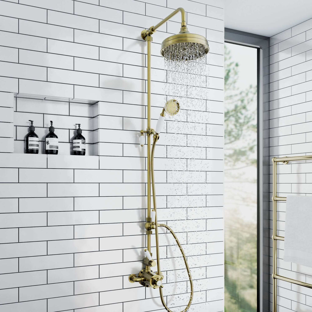 Downton traditional shower riser rail kit 2 outlet watercan head 200mm - antique brass