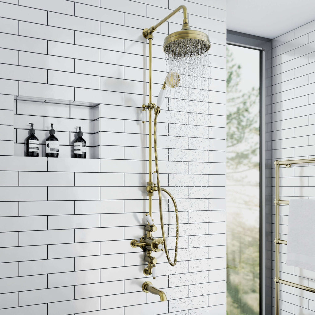 Downton traditional shower riser rail kit 2 outlet watercan head 200mm - antique brass