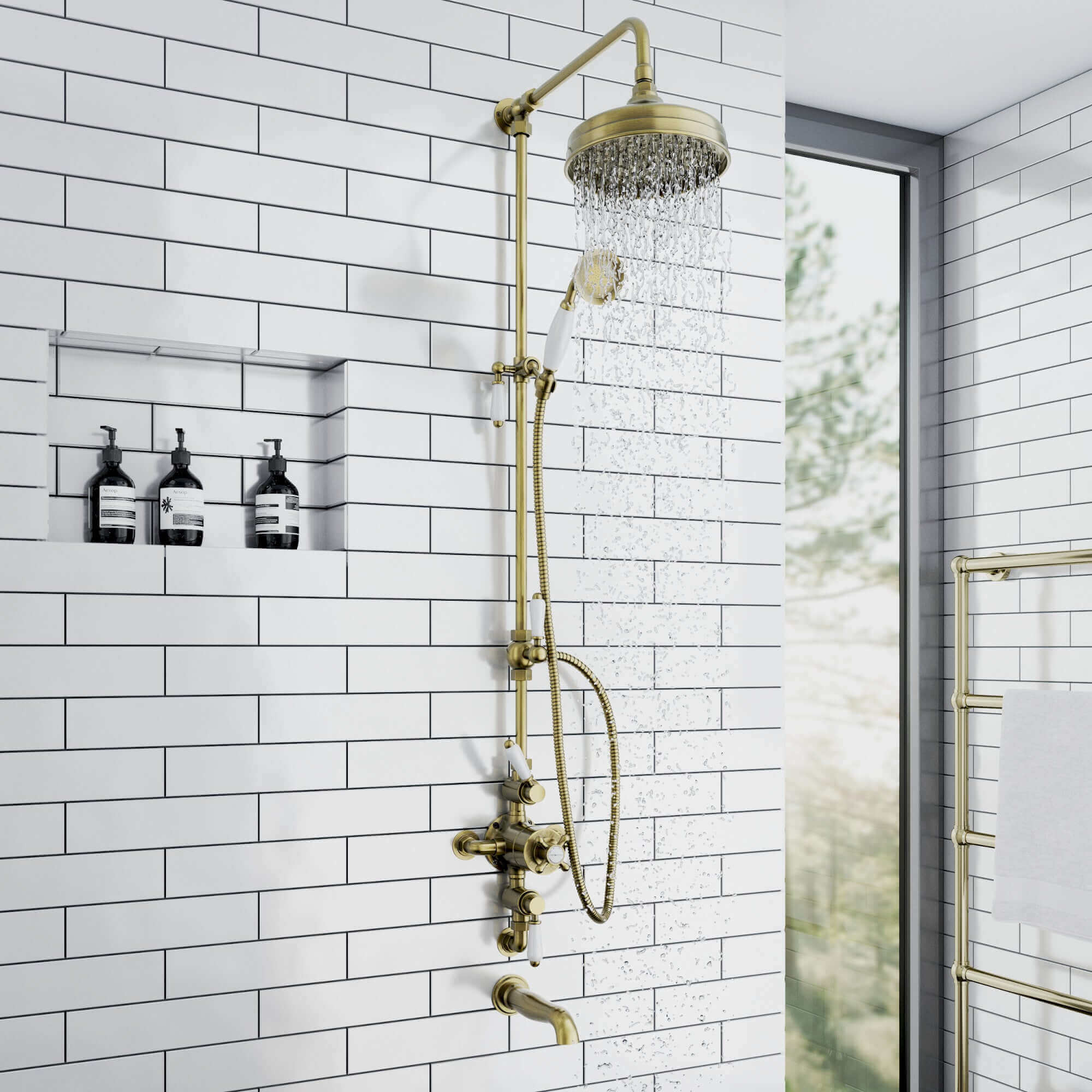 Downton traditional shower riser rail kit 2 outlet watercan head 200mm - antique brass