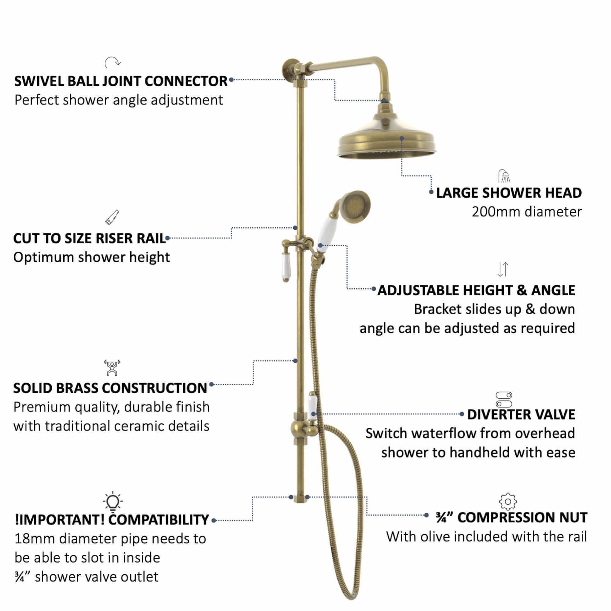 Downton traditional shower riser rail kit 2 outlet watercan head 200mm - antique brass