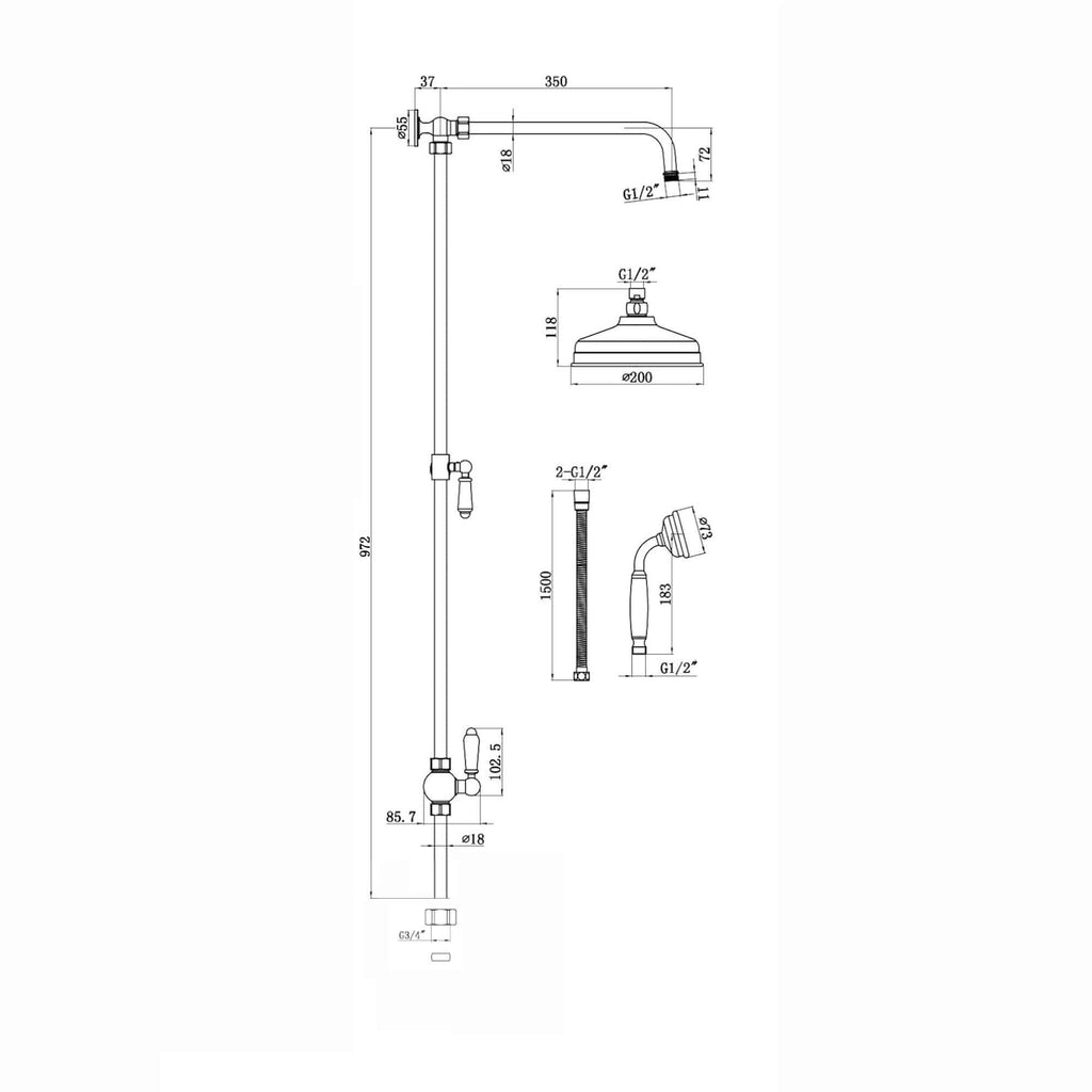 Downton traditional shower riser rail kit 2 outlet watercan head 200mm - antique brass
