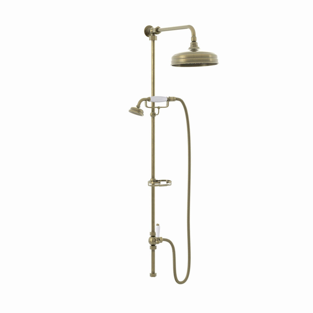 Downton traditional shower riser rail kit 2 outlet soap dish watercan head 200mm - antique brass