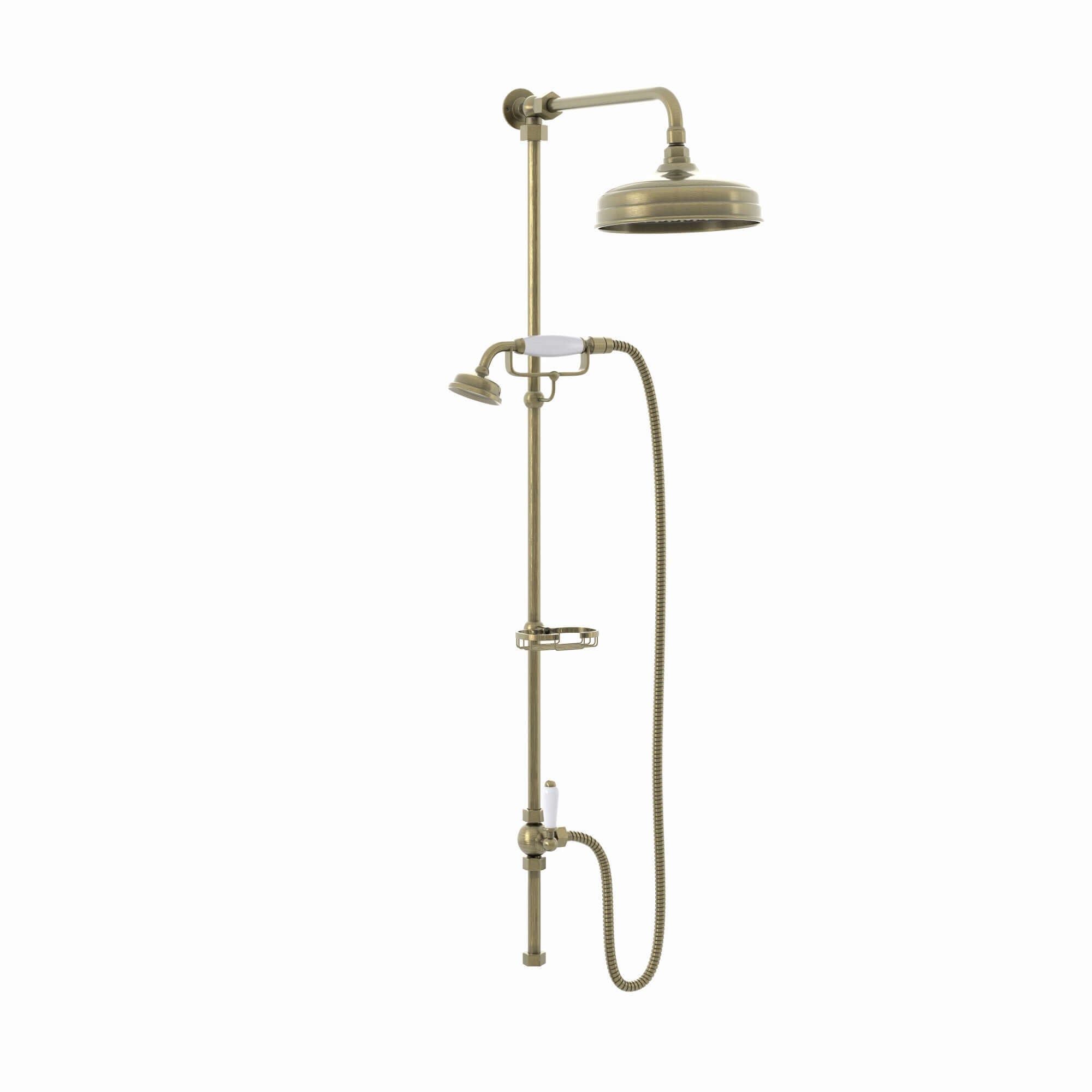 Downton traditional shower riser rail kit 2 outlet soap dish watercan head 200mm - antique brass