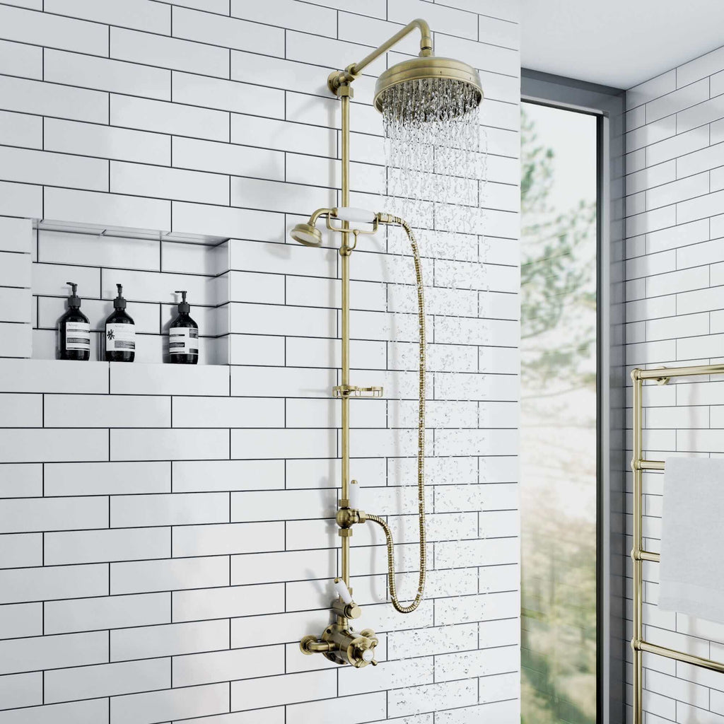 Downton traditional shower riser rail kit 2 outlet soap dish watercan head 200mm - antique brass