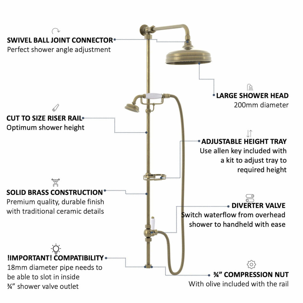 Downton traditional shower riser rail kit 2 outlet soap dish watercan head 200mm - antique brass