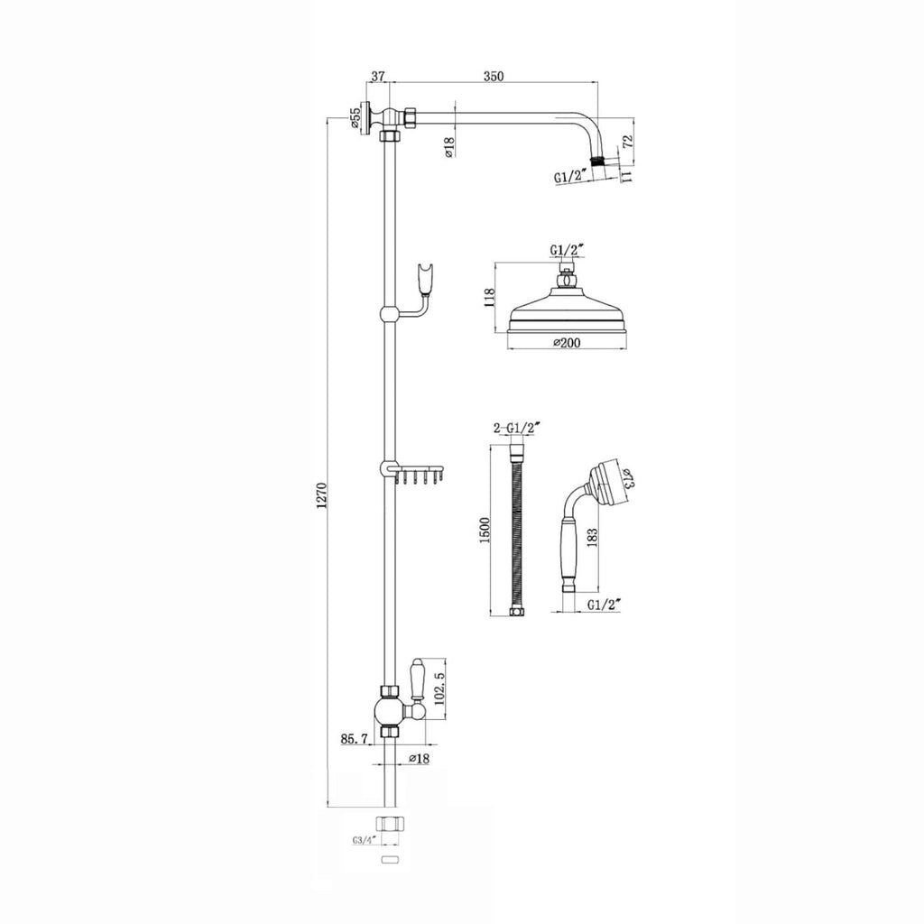Downton traditional shower riser rail kit 2 outlet soap dish watercan head 200mm - antique brass