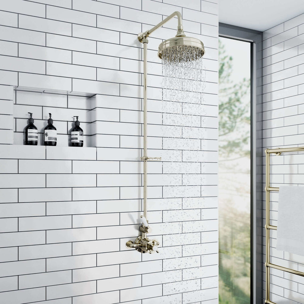 Downton traditional shower riser rail kit with soap dish watercan head 200mm - gold