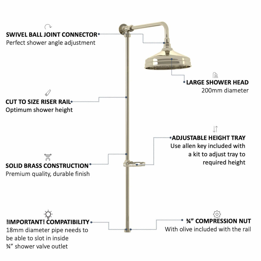 Downton traditional shower riser rail kit with soap dish watercan head 200mm - gold