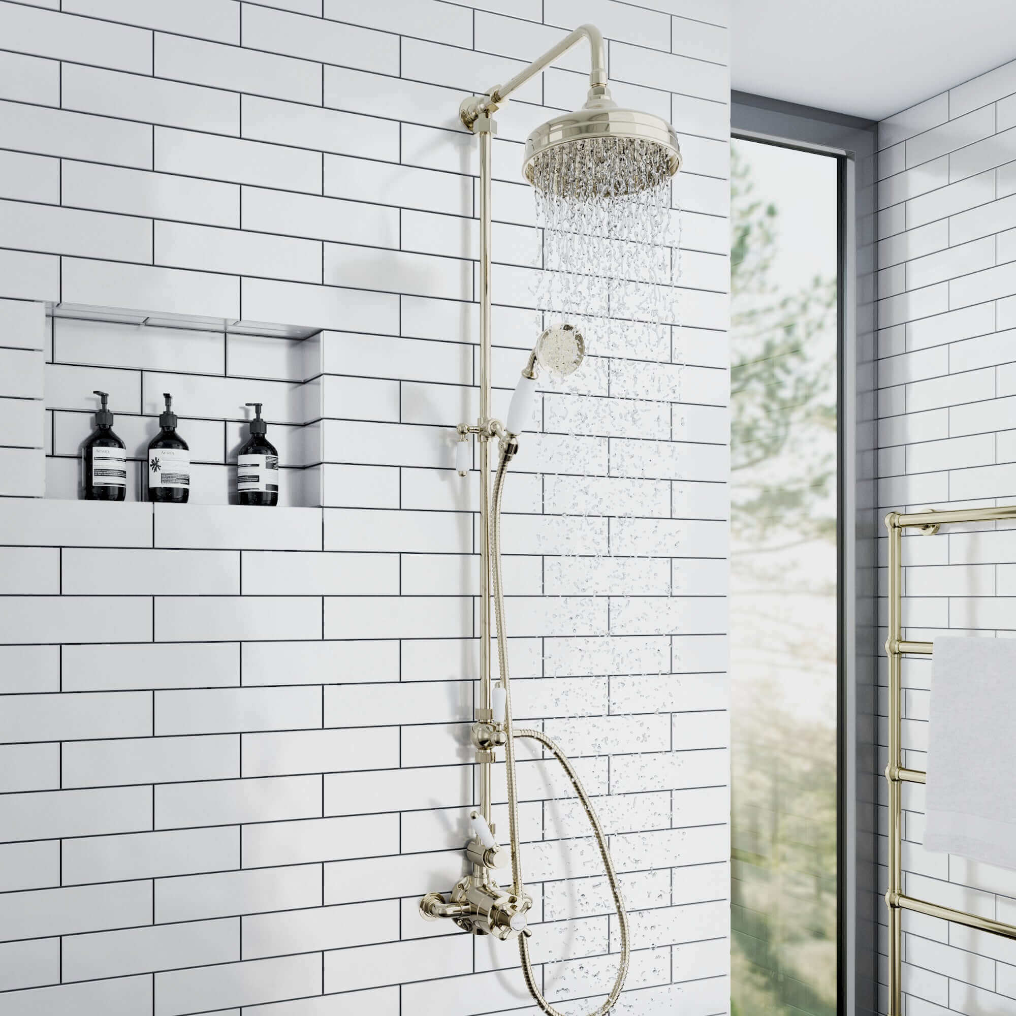 Downton traditional shower riser rail kit 2 outlet watercan head 200mm - gold
