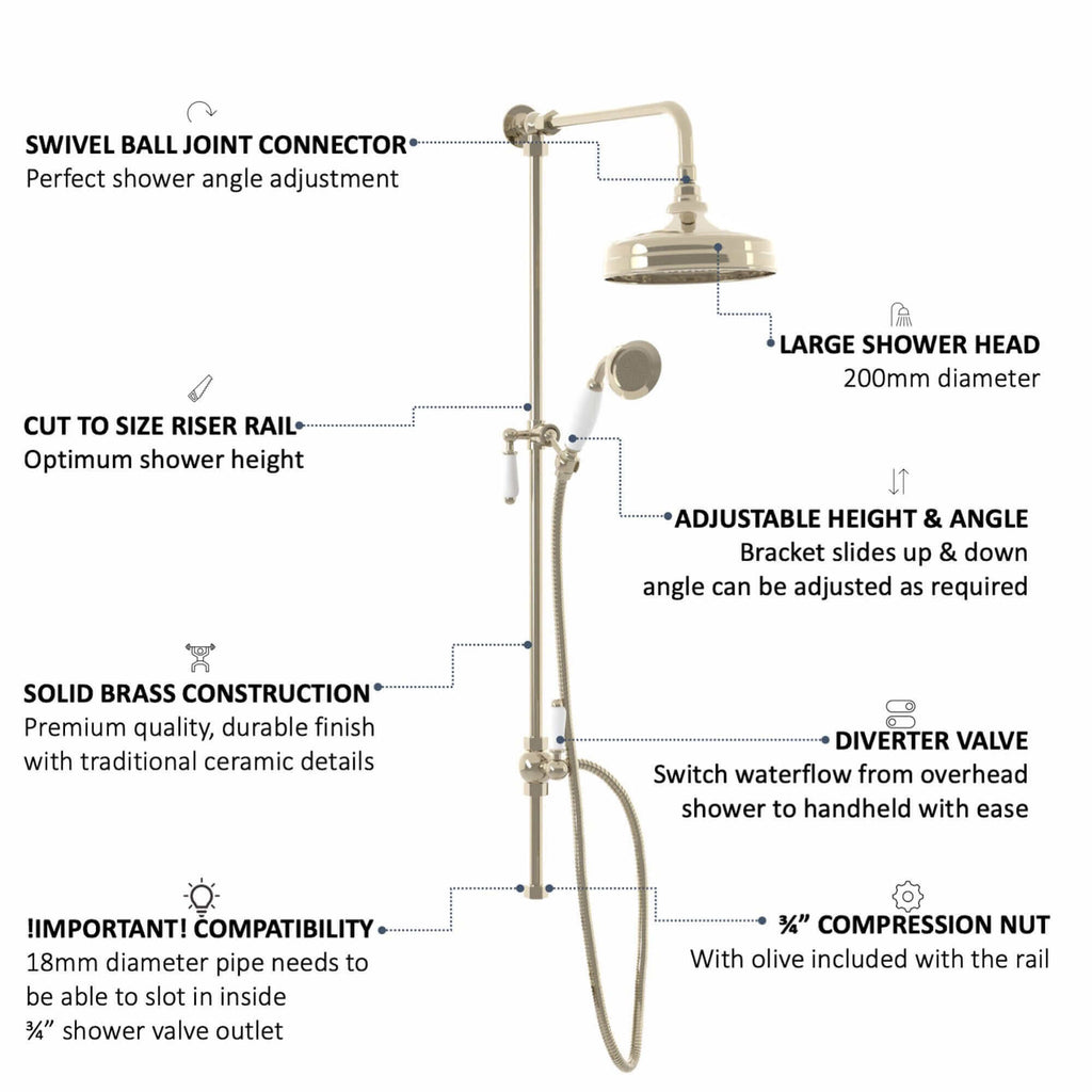 Downton traditional shower riser rail kit 2 outlet watercan head 200mm - gold